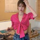 Short-sleeve Twisted Cropped Shirt Rose Pink - One Size
