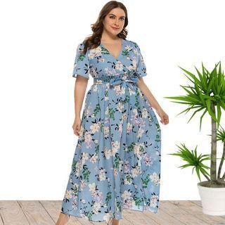 Plus-size Short-sleeve Floral Midi A-line Dress
