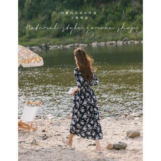 Tie-back Floral Print Dress Navy Blue - One Size