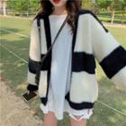 Color Block Furry Cardigan Stripes - Black & White - One Size
