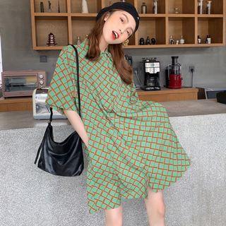Short-sleeve Plaid Mini Shirtdress Green - One Size