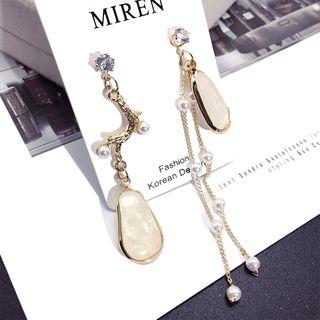 Non-matching Faux Pearl Fringed Earring 1 Pair - Off-white - One Size