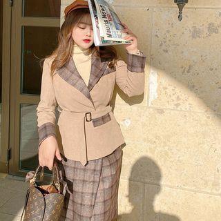 Plaid Panel Blazer / Midi A-line Skirt