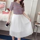 Short-sleeve Striped Panel Pleated Midi Dress