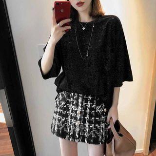 3/4-sleeve Velvet T-shirt Black - One Size