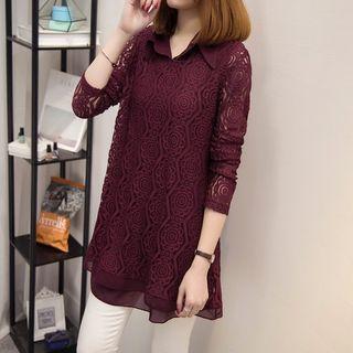 Set: Long Sleeveless Chiffon Blouse + Lace Long-sleeve Top