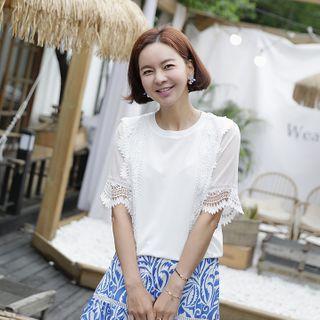 Elbow-sleeve Lace-detail Knit Top