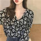 Floral V-neck Long-sleeve Blouse Black - One Size