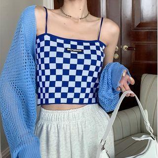 Check Cropped Camisole / Plain Cardigan