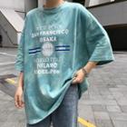 3/4-sleeve Letter T-shirt Blue - One Size