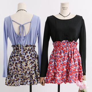 Set: Open Tie-back T-shirt + Floral A-line Skirt