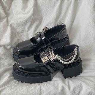 Faux Pearl Chain Detail Platform Block Heel Mary Jane Shoes