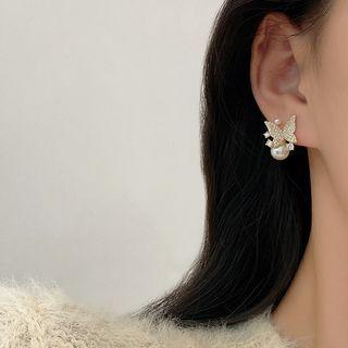 Butterfly Rhinestone Faux Pearl Earring E4238 - 1 Pair - 925 Silver - Gold - One Size