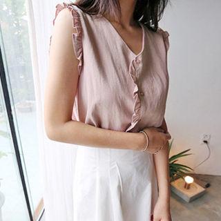 V-neck Sleeveless Frill-trim Blouse