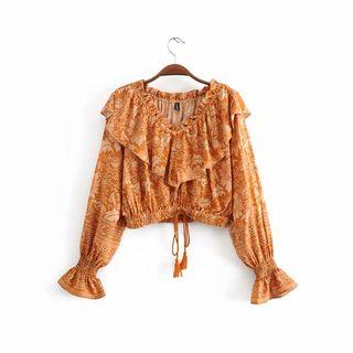 Long-sleeve Patterned Ruffled Cropped Top