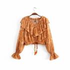 Long-sleeve Patterned Ruffled Cropped Top
