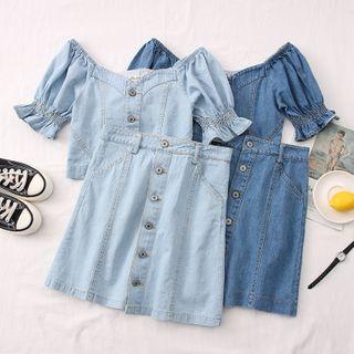 Set: Boatneck Denim Blouse + High-waist Mini Skirt