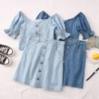 Set: Boatneck Denim Blouse + High-waist Mini Skirt