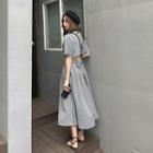 Gingham Open-back Short-sleeve A-line Midi Dress