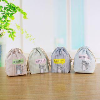 Drawstring Cat Print Striped Pouch