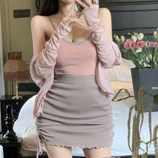 Camisole Top / Cardigan / Drawstring Mini Skirt