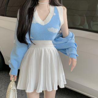 Cropped Cardigan / Knit Tank Top / Mini A-line Skirt / Set