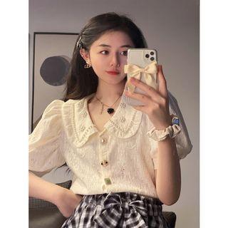 Puff-sleeve Beaded Blouse Off-white - One Size