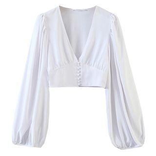 Long-sleeve Button-up V-neck Crop Top