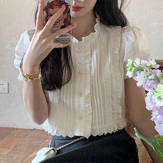 Ruffle Trim Pintuck Cropped Blouse