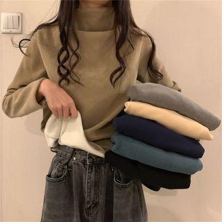 Fleece-lined High Neck Plain T-shirt