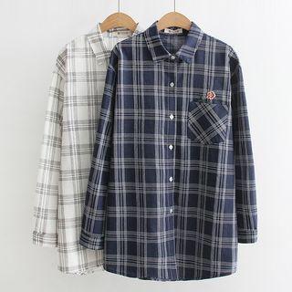 Floral Embroidered Plaid Long Shirt