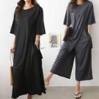 Set: Slit-front Long T-shirt + Band-waist Pants