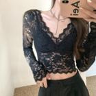 Lace V-neck Long-sleeve Slim-fit Cropped Top
