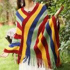 Fringed Striped Knit Poncho Stripes - Multicolor - One Size