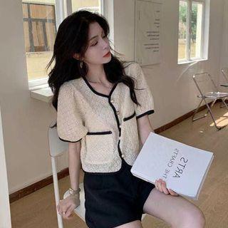 Short-sleeve Contrast Trim Lace Blouse