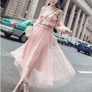 Bell Sleeve Lace Panel Top / Midi Mesh Skirt
