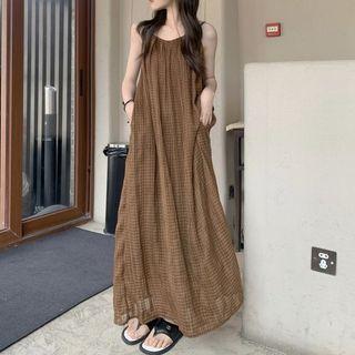 Spaghetti Strap Plaid Shirred Midi A-line Dress Dress - Plaid - Coffee - One Size