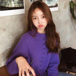 Crew-neck Cardigan Purple - One Size