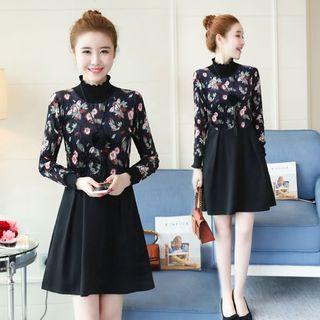 Ruffle Trim Flower Print Long-sleeve A-line Dress