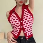 V-neck Halter Heart Print Top Red - One Size