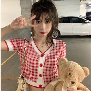 V-neck Two-tone Plaid Cropped Knit Top As Shown In Figure - One Size