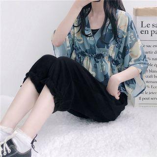 Elbow-sleeve Cat Print Top / Camisole / Harem Pants / Set