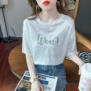 Short-sleeve Sequined Letter Embroidered T-shirt