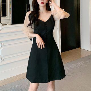 3/4-sleeve Mesh Paneled A-line Dress