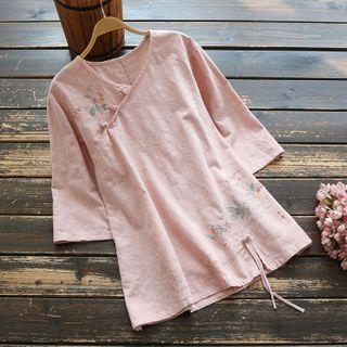 Floral Print Frog-button Elbow-sleeve Blouse