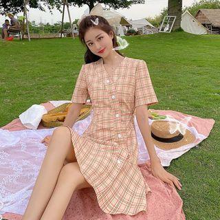 Plaid Short-sleeve Button A-line Dress
