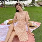 Plaid Short-sleeve Button A-line Dress