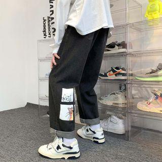 Cat Print Cropped Baggy Jeans