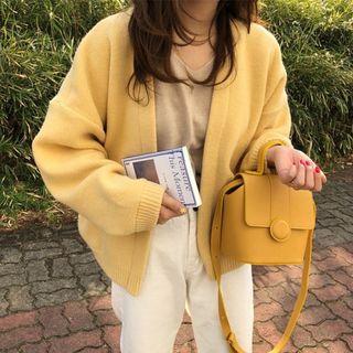 Plain Long-sleeve Cardigan Yellow - One Size