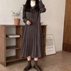 Lace-up Long-sleeve Midi Pleated Dress Coffee Gray - One Size
